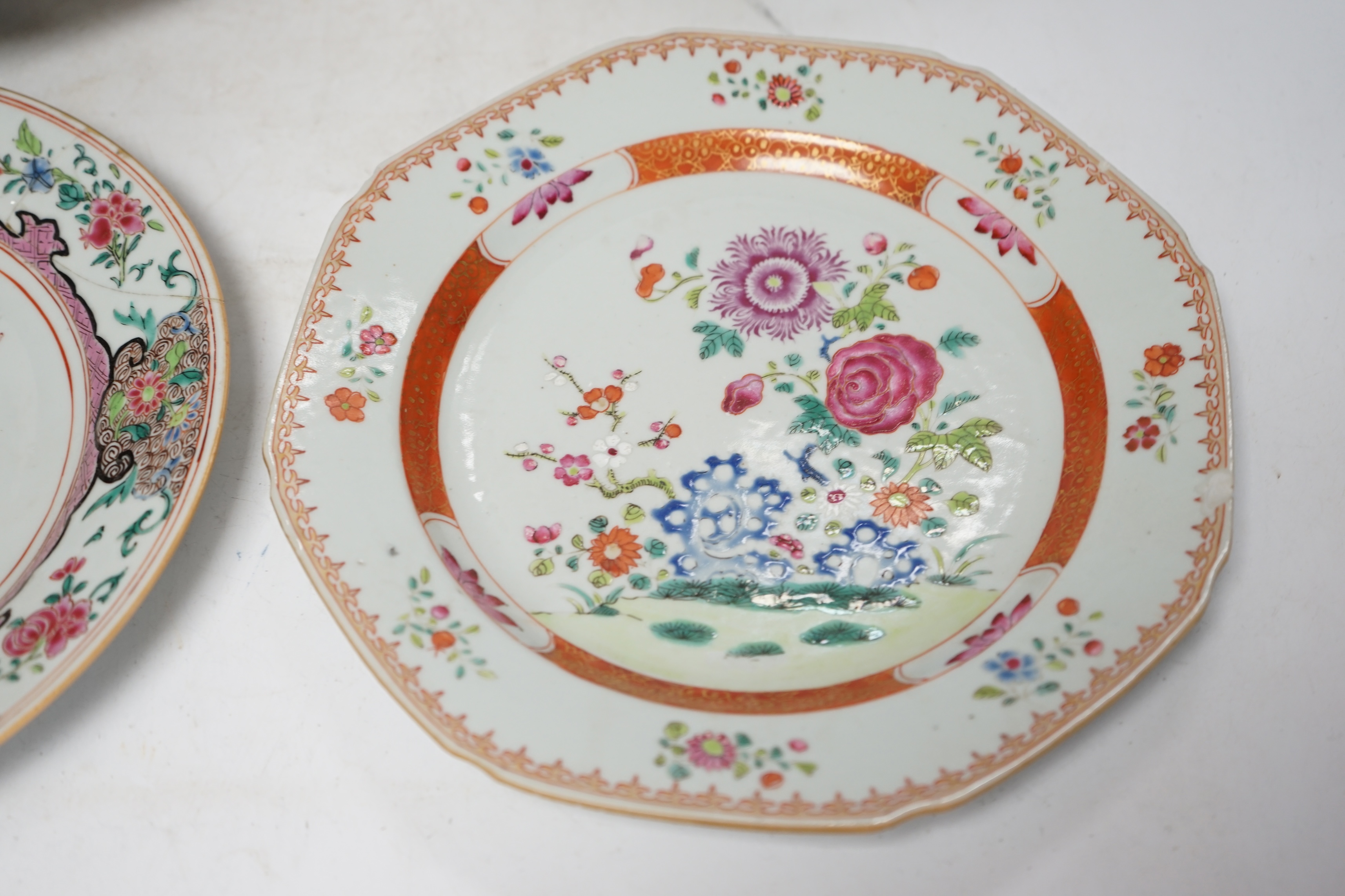 A pair of Chinese famille rose octagonal dishes, one other similar and a Cantonese dish, 18th/19th century, largest 29.5cm (4). Condition - circular famille rose dish with a restored area